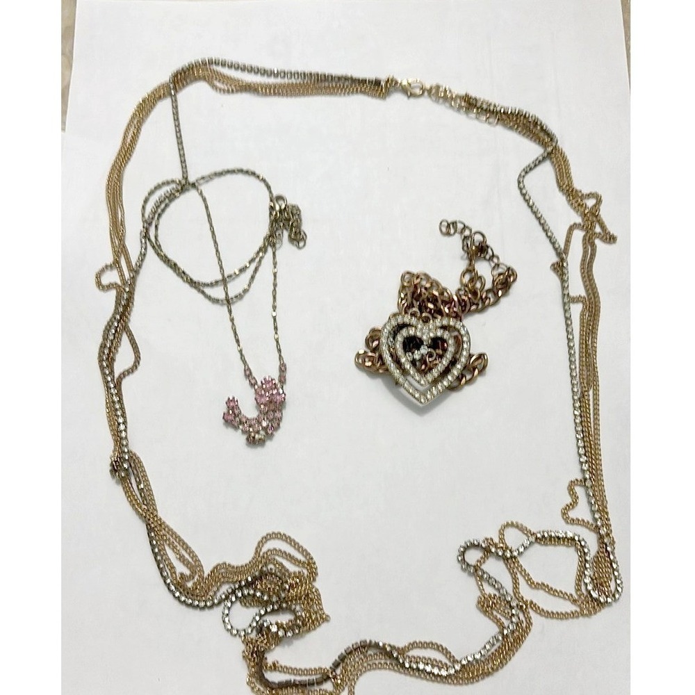Womens 3pc Gold Tone Rhinestone Necklace Set Heart Pendant Layered Pink Floral